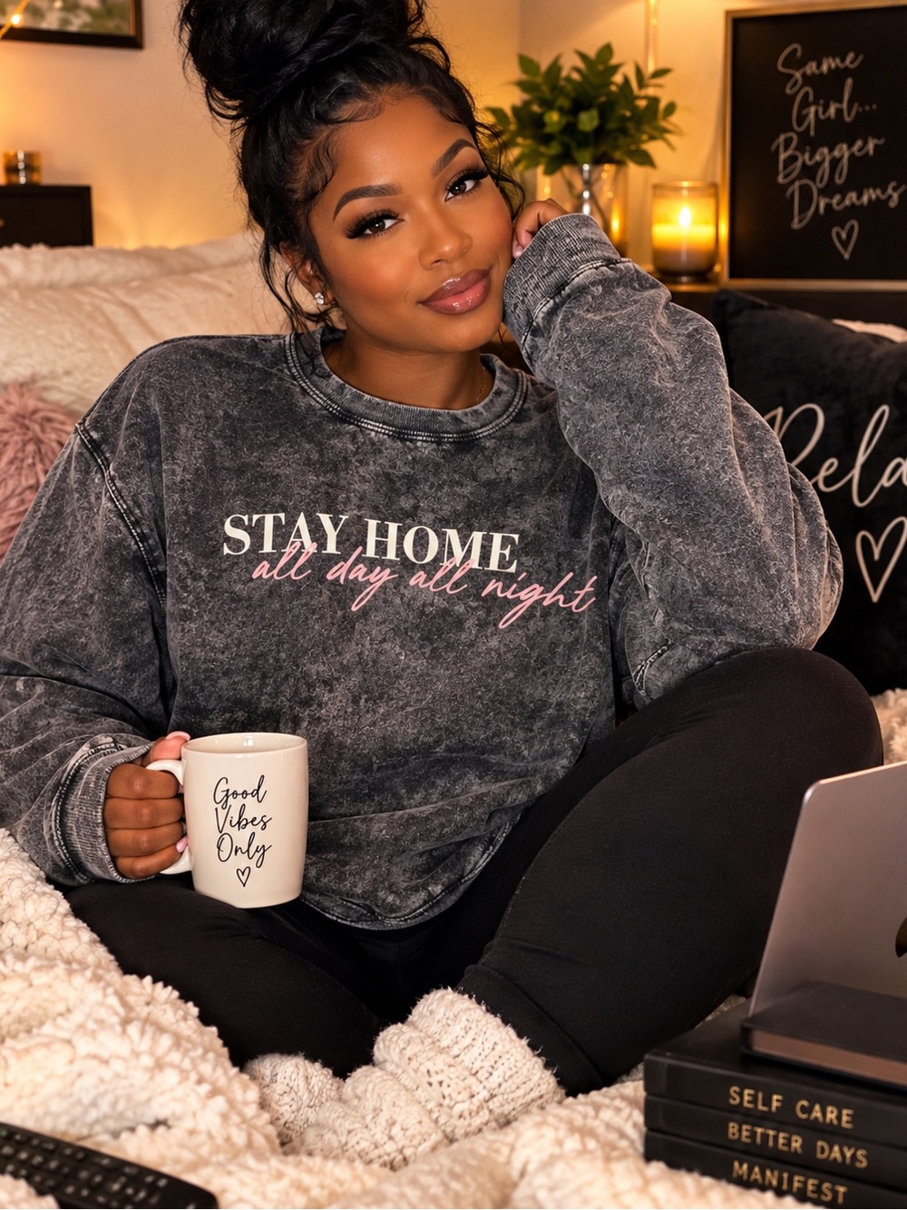 Stay Home Washed Black Graphic Sweatshirt with Pink Script